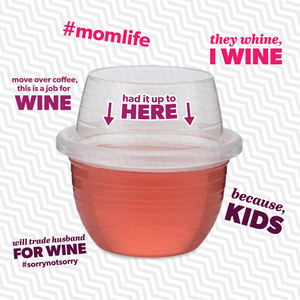 One HaloVino wine tumbler surrounded by five of the sayings for mom.