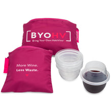 The small and large HaloTote with both a HaloVino wine tumbler filled with wine and a stack of tumblers.