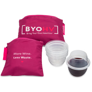 A small and large HaloTote next to a built HaloVino wine tumblers and a stack of tumblers.