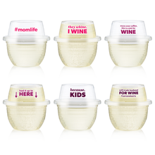 A set of six HaloVino wine tumblers for moms that say things like #momlife, because kids, and they whine, I wine.