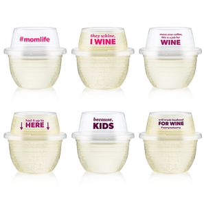 A set of six HaloVino wine tumblers for moms that say things like #momlife, because kids, and they whine, I wine.